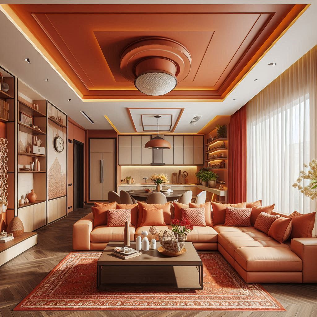 terracotta living room with l sectional sofa with attached kitchen design