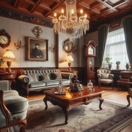 three seater chesterfield sofa antique clock wooden ceiling grey curtain wall art