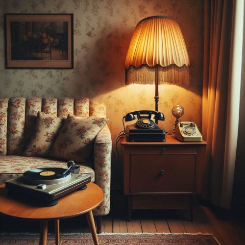 vintage living room vintage floral wallpaper old phones old radio vintage table lamp