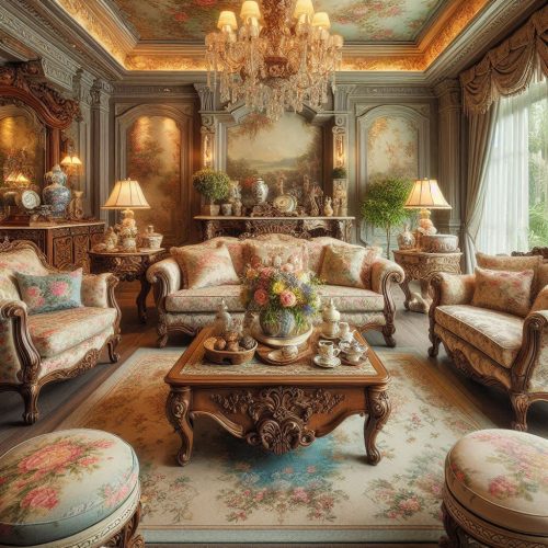 vintage living room with antique furntirue design carved wood wainscotted with drape curtains