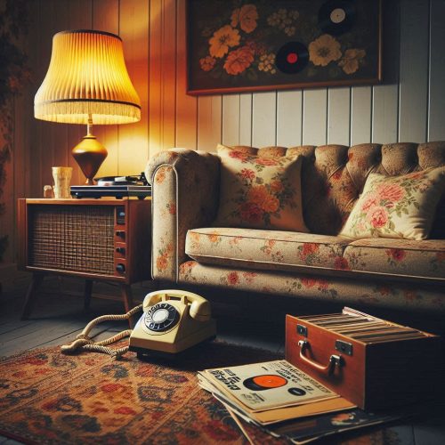 vintage sofa vintagge wall radio phone wall art persian rug