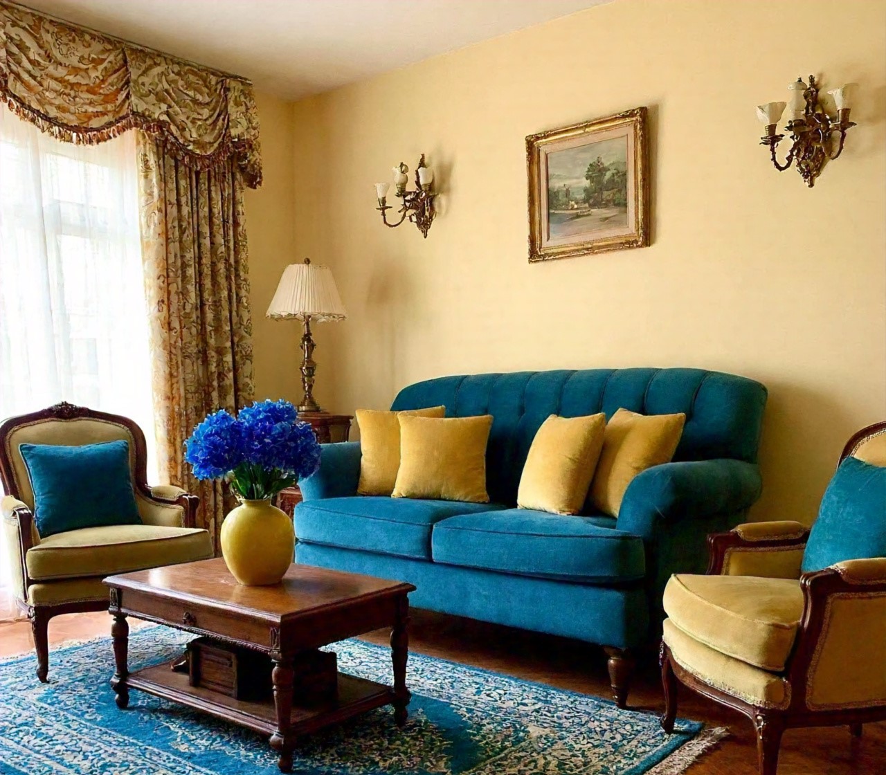 vintage living room in yellow blue theme
